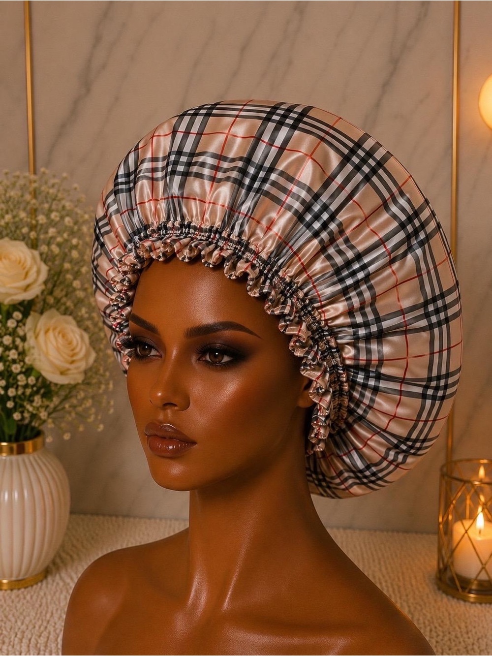 Plaid Satin Sleep Bonnet - Beige Black Red